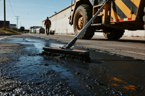The image captures a detailed moment of road resurfacing, where a worker uses a long-handled brush to evenly spread hot asphalt mixture onto a damaged section of road. In the background, a large construction vehicle is parked nearby, and another worker in a safety vest walks towards the work zone. The scene emphasizes precision in manual road repair and infrastructure maintenance.