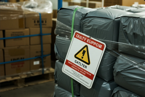 The image shows a stack of gray plastic-wrapped packages secured with green straps and shrink wrap, stored on a warehouse pallet. A prominently displayed warning sign featuring a yellow triangle with an exclamation mark is attached to the load. The sign appears to mimic typical safety signage but contains distorted or nonsensical text such as “QULTY EUPPO” and “GATLTER,” suggesting it may be a placeholder or non-functional label. Cardboard boxes secured with blue straps are visible in the background, emphasizing an industrial storage or logistics environment.