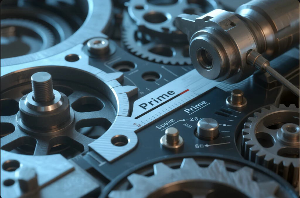 This image captures a high-resolution close-up of interconnected metal gears, bolts, and precision components, representing advanced industrial machinery or a mechanical system. At the center is a metallic dial engraved with the word “Prime,” accompanied by scale markings and a gauge-like design, suggesting high-precision engineering. The lighting emphasizes the texture of brushed steel and the intricate alignment of each component, showcasing durability, innovation, and attention to detail in mechanical design—ideal for illustrating quality manufacturing or engineering excellence.