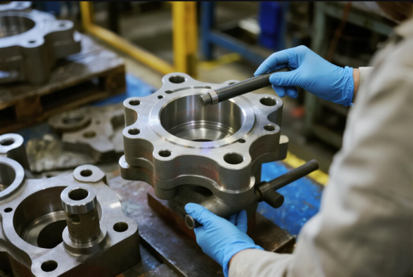 This image shows a close-up view of a technician wearing blue nitrile gloves carefully inspecting a large, precision-machined metal component—possibly a flange or hydraulic part. The technician is using a cylindrical gauge or measuring pin to check the tolerance or alignment of a central bore, demonstrating strict quality control procedures in a manufacturing or machining workshop. The background reveals other metal parts and an industrial setting, emphasizing the focus on accuracy, consistency, and engineering precision in component manufacturing.