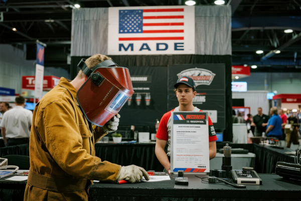 This image captures a scene from a manufacturing or industrial trade show. In the foreground, a man wearing a brown welding jacket and a red welding helmet is operating or testing equipment at a demonstration table. A younger representative, dressed in a red, white, and black branded uniform, stands behind the table with informational brochures and mechanical parts on display. Above them, a prominent “MADE” banner featuring the American flag emphasizes the promotion of U.S.-manufactured goods. The background shows other booths and attendees engaging in conversations, highlighting the networking and showcase environment of the event.