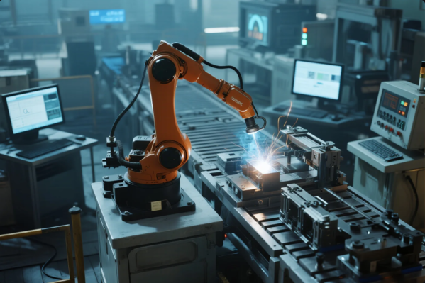 This image shows a high-tech manufacturing facility featuring an orange robotic arm actively welding a metal component on a precision assembly line. Sparks fly from the point of contact, indicating real-time welding operation. The surrounding environment includes multiple computer monitors displaying data, control panels, and industrial automation systems, emphasizing the integration of robotics and smart manufacturing technology. The setup reflects modern Industry 4.0 principles, highlighting efficiency, precision, and automation in advanced production processes.
