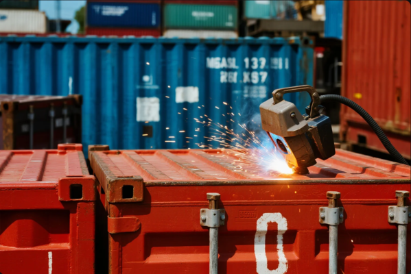 The image shows an automated welding device in action, producing bright sparks as it welds the top of a red metal shipping container. The background is filled with stacked blue, green, and red containers, indicating an active logistics or port environment. The setting highlights industrial automation in outdoor welding processes, especially for container maintenance or modification tasks in shipping and freight operations.