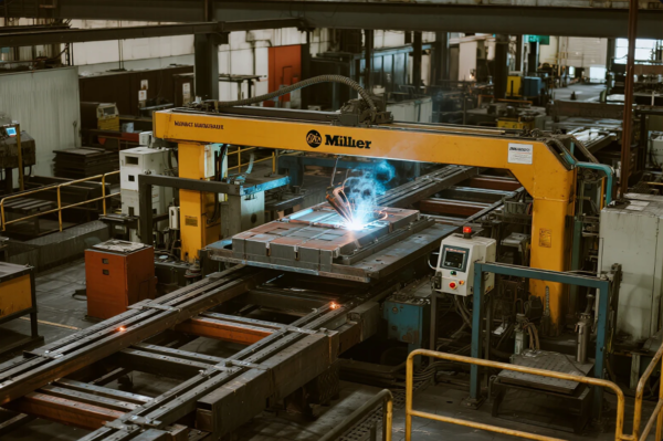 The image captures a large-scale automated welding system, branded "Miller," performing precision welding on a flat metal component in an advanced manufacturing facility. The welding head emits bright sparks and blue smoke, indicating active processing. Surrounding the welding station are various industrial machines, tracks for material movement, and control panels, showcasing a highly automated and efficient factory environment specialized in heavy-duty metal fabrication.