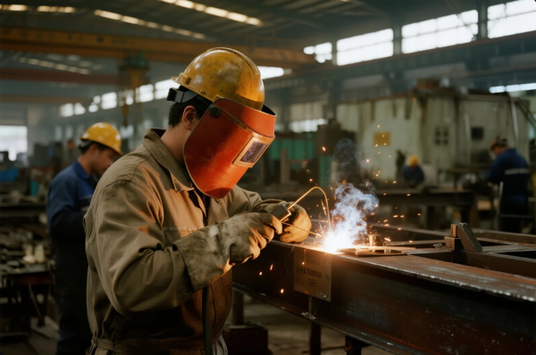 The image shows a welder in a tan protective suit, red welding mask, and yellow safety helmet performing manual arc welding on a steel beam in an industrial workshop. Sparks and smoke are visible as the welding process is underway. The background reveals a busy factory floor with other workers engaged in metalwork activities, highlighting a hands-on manufacturing environment focused on heavy-duty fabrication and assembly.