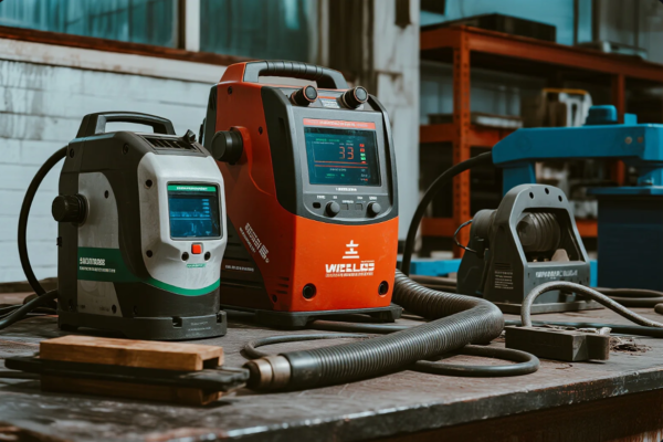 The image features a set of advanced industrial welding machines placed on a metal workbench in a manufacturing workshop. The machines, including models from WELLOS and other brands, display digital screens with control parameters such as voltage and current. Thick power cables and welding accessories are connected to the units, and the background shows typical factory surroundings with metal shelves and machinery. This scene highlights the use of high-tech equipment in precision welding operations.