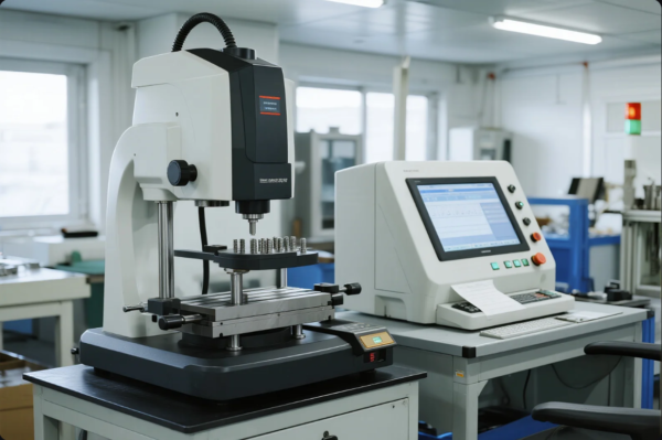 A state-of-the-art digital Rockwell hardness testing machine is shown analyzing a set of metallic components placed on its testing platform. Next to it is a computerized control unit with a touchscreen interface displaying test results and statistical graphs. The setup is part of a clean, modern quality control lab, highlighting the precision and automation used in industrial component testing.