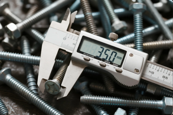 A digital caliper displays a precise measurement of 3.50 mm while clamped on the threaded section of a metal screw. The screw is among a scattered pile of various fasteners, showcasing industrial hardware inspection and dimensional quality control during the production or sorting process.