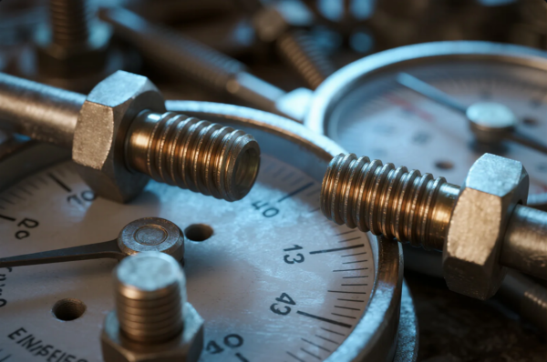 A detailed close-up image showcasing metallic threaded bolts and hex nuts placed over analog pressure gauges. The bolts and gauges reflect a quality control or calibration environment typically found in industrial hardware or mechanical testing facilities, emphasizing precision engineering and inspection.
