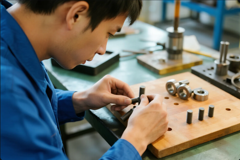 A technician in a blue uniform is closely examining small threaded metal components on a wooden workbench in a manufacturing or quality control environment. Various precision parts and tools are organized on the table, highlighting a meticulous inspection or assembly process.