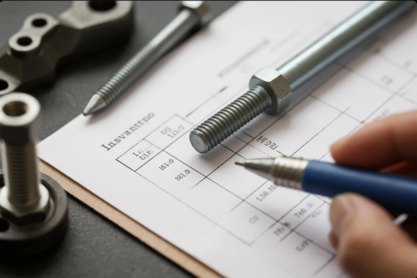 A close-up view of a quality inspection process showing a hand with a pen reviewing a technical document. Several threaded metal bolts and precision parts are placed on the paper, indicating dimensional checks or verification of specifications during a mechanical components inspection.