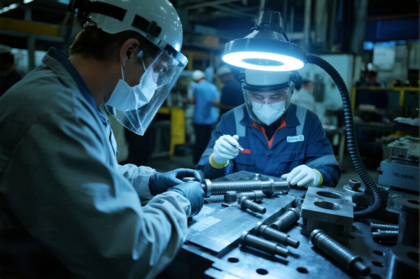 Two factory technicians wearing protective face masks, gloves, and helmets are working under a high-intensity inspection lamp. They are meticulously checking threaded metal components on a workbench in a high-tech industrial workshop, ensuring dimensional accuracy and surface quality of machined parts.