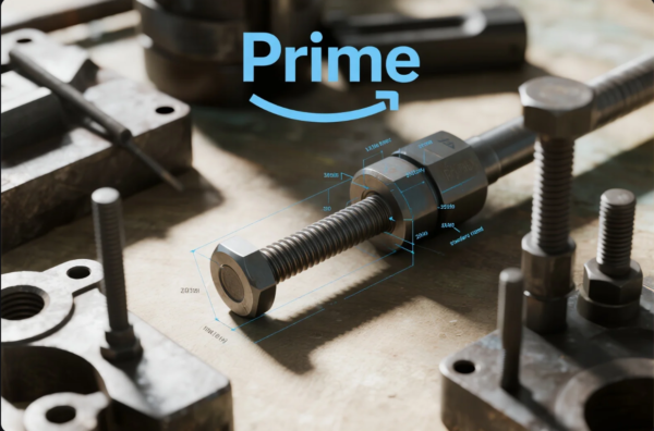 A close-up image of a metal bolt on a workbench surrounded by industrial parts and fasteners. The bolt is overlaid with digital technical specifications showing dimensions and standards, symbolizing precision engineering. The "Prime" logo appears prominently above, indicating branding and high-quality industrial manufacturing.
