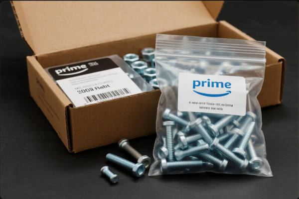 Image showing industrial bolts packed in a labeled plastic bag and cardboard box, both marked with the "Prime" brand. The bolts are uniformly threaded and zinc-coated, ready for shipment or retail distribution, representing professional packaging and inventory management in the hardware industry.