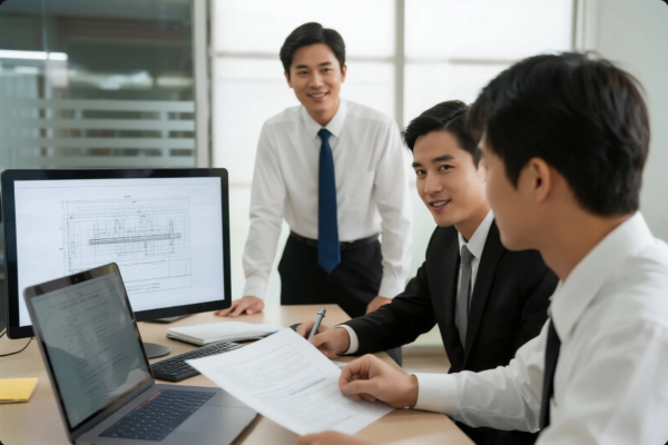 Three professional men in formal attire are gathered in a modern office, reviewing printed documents and a computer screen displaying a technical engineering drawing. One man stands smiling while the other two engage in discussion, suggesting a collaborative meeting on project planning or product design.