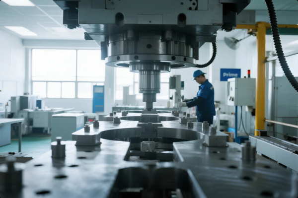 This image shows the interior of a well-lit, advanced manufacturing facility. The foreground features a close-up view of a powerful CNC (Computer Numerical Control) machining center performing precise operations on a large metal component. In the background, a technician wearing a blue uniform, safety helmet, and gloves is monitoring the process. The organized and clean environment, along with visible equipment and a "Prime" sign, emphasizes high-tech production, quality control, and industrial capability.