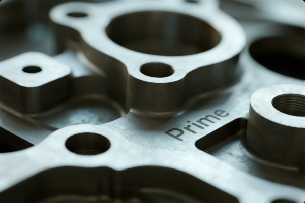 This image features a detailed close-up of a high-precision machined metal component. The part showcases intricate shapes, drilled holes, and smooth surfaces, reflecting advanced manufacturing processes. The brand name “Prime” is clearly engraved on the part, emphasizing branding, product quality, and meticulous engineering. The photo highlights the expertise and attention to detail in custom metal parts fabrication.