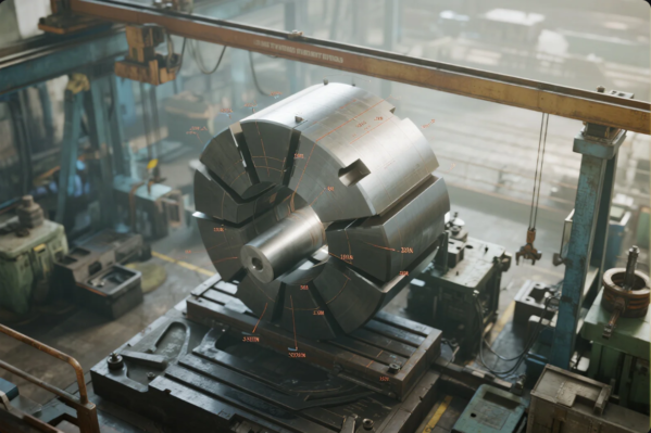 This image features a massive, highly engineered metal part—possibly a rotor or specialized shaft—mounted horizontally on a robust machining or inspection table. Fine measurement indicators and technical markings overlay the component, suggesting dimensional inspection, quality control, or assembly planning. The surrounding environment includes heavy machinery, cranes, and industrial equipment, highlighting advanced manufacturing capability and the handling of large-scale custom-engineered components.