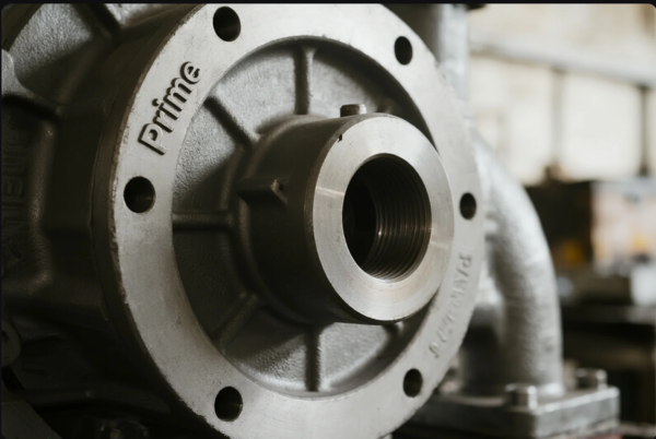 This image displays a detailed close-up of an industrial metal flange component, likely part of a pump or pipeline assembly. The surface is finely machined with a central threaded hole for secure attachment, and several bolt holes arranged symmetrically around the perimeter. The brand name "Prime" is prominently engraved into the metal, emphasizing quality and traceability. The background is softly blurred, keeping the focus on the precision engineering and robust construction of the part.