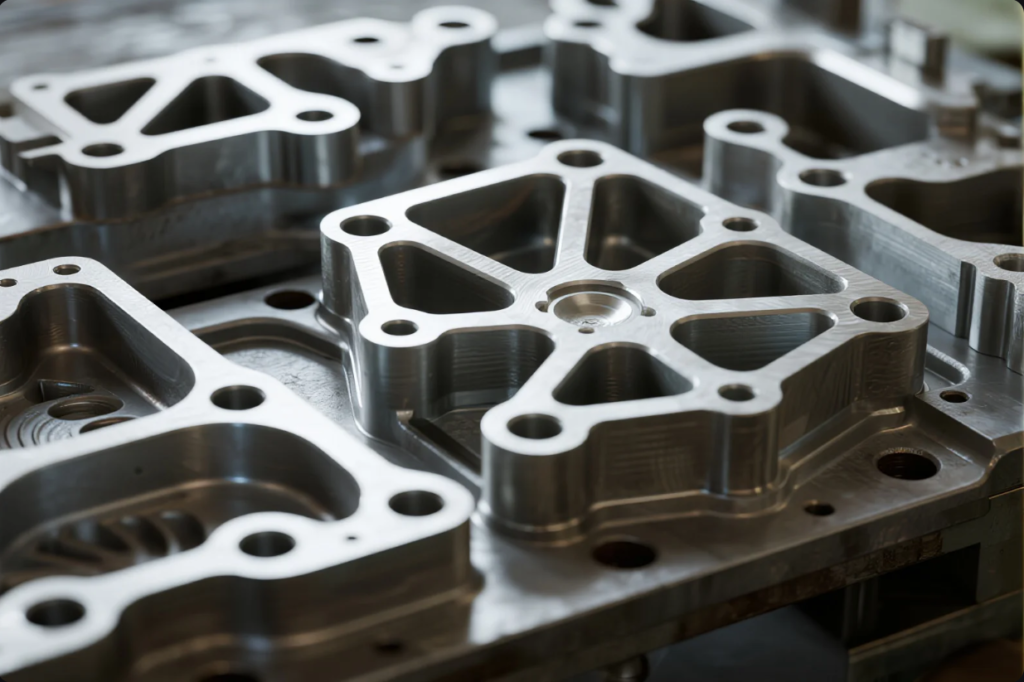 This image features several intricately machined metal parts, likely manufactured using CNC milling processes. The parts have sharp, defined edges, multiple bolt holes, and complex internal and external contours, showcasing advanced engineering and high manufacturing standards. The metallic surfaces have visible tool marks, emphasizing the precision and quality of the machining. These components are likely used in industrial machinery, automotive, or aerospace applications where accuracy and durability are essential.