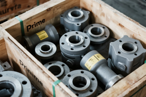 This image shows a sturdy wooden crate, branded with the “Prime” logo, containing a batch of industrial metal casting parts. The castings have smooth, machined surfaces and flanged ends with multiple bolt holes, indicating they are likely used in pipe fittings, valves, or hydraulic systems. Each part is labeled for identification and quality tracking. The parts are organized neatly, highlighting attention to quality and export-ready packaging, typical for professional B2B industrial supply chains.