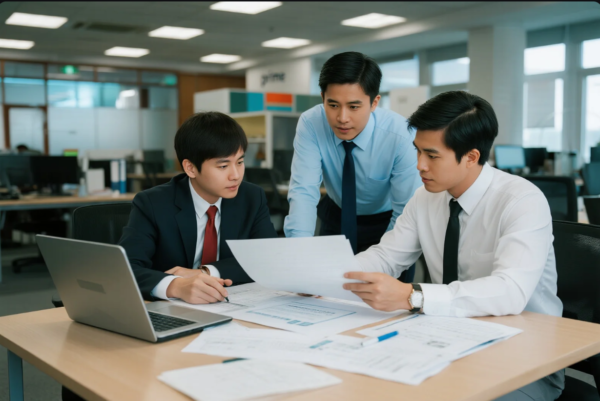 This image depicts three young male professionals in business attire gathered around a desk, actively discussing paperwork. One is seated with a laptop open, another is holding and analyzing a document, while the third stands beside them, leaning in to participate in the discussion. The desk is scattered with charts, reports, and pens, suggesting a collaborative meeting or project planning session. The office background is clean and contemporary, with glass partitions, computers, and the “Prime” company logo visible, emphasizing a modern, efficient workplace atmosphere.