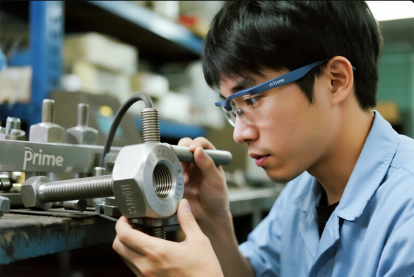 This image shows a young male engineer or technician wearing blue safety glasses and a light blue lab coat, closely inspecting a large industrial fastener assembly in a workshop. He is holding a thick threaded bolt and nut, carefully checking the fit and alignment, demonstrating attention to detail and quality control. The fastener is mounted on a fixture labeled "Prime," indicating the company's brand. The background is filled with shelves and blurred equipment, highlighting an organized, professional industrial environment focused on precision manufacturing.