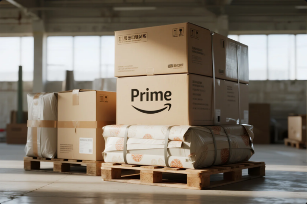 This image shows several large cardboard boxes and wrapped packages stacked on wooden pallets inside a well-lit warehouse. The central box features the "Prime" brand logo in bold black text. Some packaging contains Chinese export markings and logistics icons, emphasizing export-ready goods. The scene conveys a sense of organized, professional storage and readiness for shipment, highlighting Prime's capabilities in global logistics and industrial packaging.