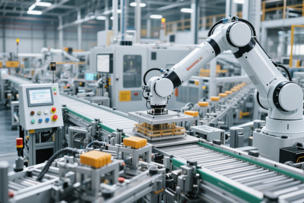 The image shows a state-of-the-art manufacturing facility featuring an advanced robotic arm integrated into a fully automated conveyor system. The robotic arm, branded "Siemens CNC," is actively picking up or placing parts onto the conveyor line, surrounded by various control panels, sensors, and safety systems. The background reveals a clean, organized industrial environment, highlighting the high-tech nature and efficiency of the automated production process. This scene illustrates modern smart manufacturing and precision assembly, ideal for industries requiring consistent quality and productivity.