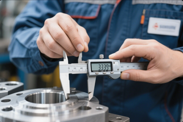 The image shows a close-up of a technician or engineer in a blue uniform carefully measuring the diameter of a metal part with a digital caliper. The digital display on the caliper shows a measurement of 33.39 mm. The metal component being measured features smooth, precision-machined surfaces and several drilled holes, indicating high manufacturing accuracy. This process ensures the part meets strict quality and dimensional standards required in advanced engineering and industrial applications.