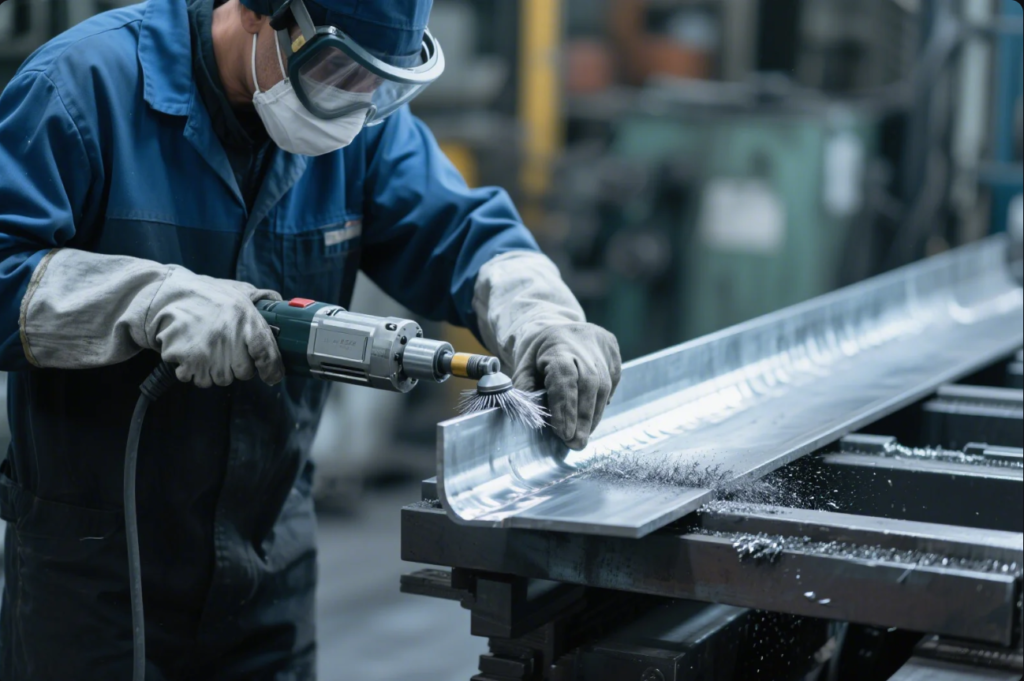 The image shows a factory worker wearing a blue protective uniform, safety goggles, gloves, and a face mask while using a handheld electric tool with a rotating wire brush attachment. The worker is deburring or polishing the inner edge of a large, shiny metal component, likely to remove sharp edges or surface imperfections. Metal shavings are visible on the surface, indicating active material removal. The setting is an industrial workshop or manufacturing facility, emphasizing safety and precision in metalworking processes.