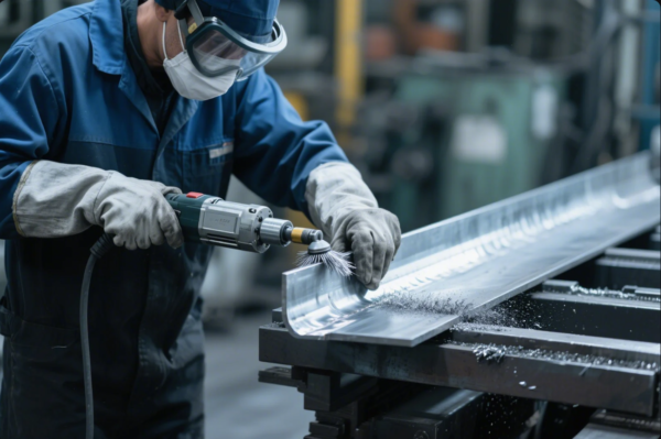The image shows a factory worker wearing a blue protective uniform, safety goggles, gloves, and a face mask while using a handheld electric tool with a rotating wire brush attachment. The worker is deburring or polishing the inner edge of a large, shiny metal component, likely to remove sharp edges or surface imperfections. Metal shavings are visible on the surface, indicating active material removal. The setting is an industrial workshop or manufacturing facility, emphasizing safety and precision in metalworking processes.