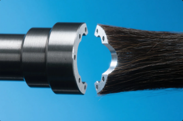 The image features a detailed close-up of two precision-machined cylindrical metal parts. The left part is solid metal with bolt holes around its circular edge, while the right part is an identical machined ring but filled with densely packed bristles, resembling a brush. Both pieces are perfectly aligned, suggesting they fit together, possibly as part of a rotary or cleaning assembly. The background is a solid light blue, providing a clear contrast to the metallic surfaces and the brown bristles. The image highlights the engineering precision and combination of metalworking and brush manufacturing.