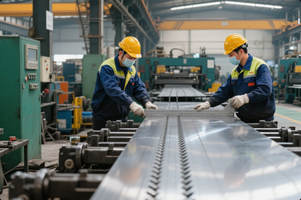 The image shows two factory workers wearing yellow safety helmets, blue uniforms with reflective strips, gloves, and protective face masks. They are standing on opposite sides of a long metal sheet, carefully measuring it with a large metal ruler. The sheet is running along a conveyor system inside a spacious, well-lit industrial facility. In the background, various industrial machines, control panels, and yellow overhead cranes can be seen, highlighting a clean, organized, and high-tech manufacturing environment. The focus is on precision inspection and quality control in metal fabrication.