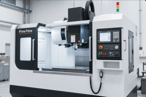 This image displays a state-of-the-art CNC (Computer Numerical Control) machining center prominently labeled "Prime Prime" on the door. The machine is housed in a spotless, high-tech manufacturing facility with bright lighting and white walls. The CNC center features a digital control panel with multiple buttons, a screen displaying programming and operational data, and a large enclosed workspace for precision metalworking tasks. The emergency stop button and status lights are visible on top, indicating advanced safety and automation features. The overall scene emphasizes advanced manufacturing technology and industrial automation.