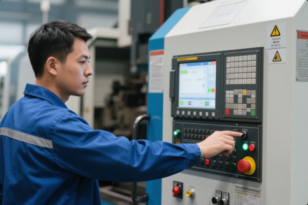 This image shows a young male technician or operator in a blue work jacket, focusing on a large CNC (Computer Numerical Control) machine interface. He is pressing a button on the control panel, which features a digital screen displaying operational data, numerous labeled buttons, and safety warning stickers nearby. The background is slightly out of focus but suggests an advanced, organized factory or production environment. The overall scene highlights the use of modern technology and skilled personnel in industrial automation and precision manufacturing.