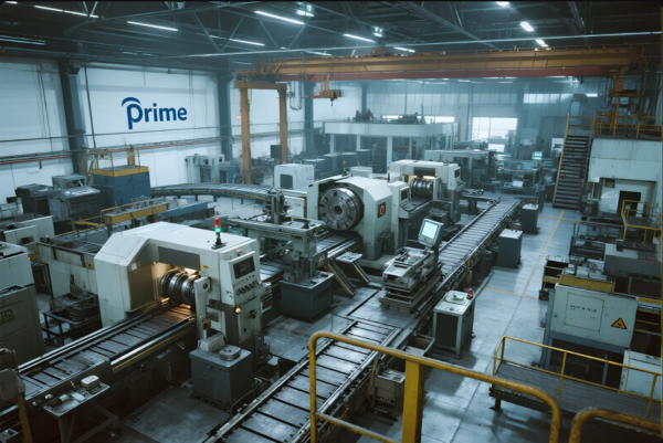 This image shows a wide view of a high-tech industrial manufacturing facility. The factory floor is organized and equipped with numerous CNC machines, conveyor systems, and computer terminals, reflecting an automated and efficient production environment. Overhead, industrial cranes are visible, and safety railings and clear walkways enhance the workspace. Natural light enters through large windows, contributing to a clean and professional atmosphere. The "Prime" brand logo is prominently displayed on a white wall, highlighting the company’s identity and commitment to advanced manufacturing.