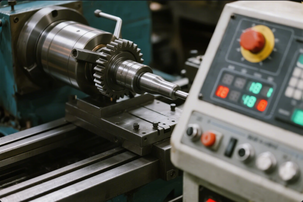 This image features a modern CNC lathe machine working on a cylindrical metal shaft with an attached gear. The focus is on the precision machining process, highlighting the detailed grooves and surfaces being created. The control panel in the foreground, with digital displays and buttons, indicates automated operation and real-time monitoring of the machining process. The setting reflects a high-precision manufacturing environment, essential for producing complex metal components used in various industries.