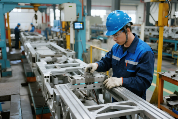 The image shows a worker wearing a blue safety helmet, safety glasses, gloves, and a blue work uniform with reflective strips, carefully operating and inspecting equipment along a metal assembly line in a high-tech manufacturing plant. The worker appears focused on quality control or adjustment of an automated fixture. The background features additional production machinery, supporting beams, and other staff, reflecting a clean, organized, and efficient industrial environment.