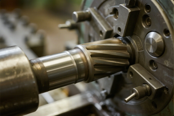 The image shows a highly detailed close-up of a metallic gear shaft being precisely machined on a CNC (Computer Numerical Control) lathe. The shaft features angled gear teeth, indicative of a helical or spiral gear, and is held securely in a custom metal chuck. The surrounding environment displays part of the lathe bed, clamping fixtures, and adjustment knobs, highlighting a high-precision manufacturing process typically used in industrial mechanical engineering and parts fabrication.