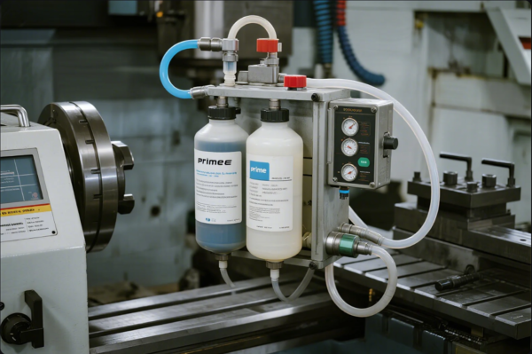 The image displays an industrial lubrication and coolant dispensing system mounted on a CNC machine. Two fluid bottles labeled "Prime" are securely attached to the device, each connected to a network of transparent tubes for fluid distribution. The system includes a control panel with multiple pressure gauges for monitoring, and a set of valves and connectors for regulating flow. The surrounding environment shows parts of the CNC machine bed and chuck, emphasizing the setup's critical role in automated machining processes for cooling, lubrication, and tool life extension.