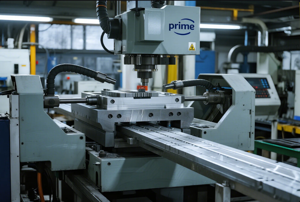This image shows a state-of-the-art CNC milling machine in operation at a manufacturing facility. The machine, prominently branded with the "Prime" logo, is engaged in high-precision machining of a large metal workpiece securely fixed on the machine bed. Coolant hoses are visible, positioned to direct fluid onto the cutting tool for lubrication and cooling during the milling process. The background features additional industrial equipment and a digital control panel, highlighting an advanced, automated production environment designed for high-accuracy metal part fabrication.