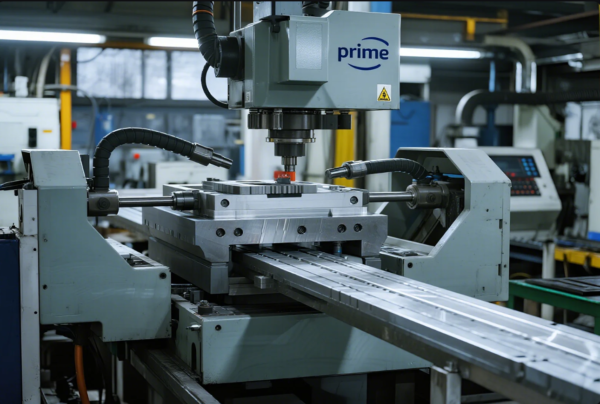This image shows a state-of-the-art CNC milling machine in operation at a manufacturing facility. The machine, prominently branded with the "Prime" logo, is engaged in high-precision machining of a large metal workpiece securely fixed on the machine bed. Coolant hoses are visible, positioned to direct fluid onto the cutting tool for lubrication and cooling during the milling process. The background features additional industrial equipment and a digital control panel, highlighting an advanced, automated production environment designed for high-accuracy metal part fabrication.