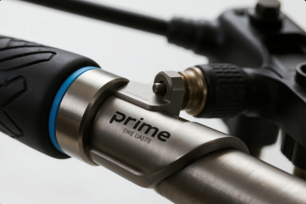 The image displays a detailed close-up of a high-precision metal component, likely a handlebar clamp or connector, featuring the "prime" brand logo. The component is fitted to a metallic handlebar, with a textured black rubber grip on the left side and a blue accent ring separating the grip from the metal. In the background, a threaded brass fitting and part of a black plastic or composite mechanism are visible, suggesting the assembly is part of a premium bicycle or e-bike handlebar system. The image highlights the product’s clean machining, quality finish, and brand focus on durability and engineering excellence.