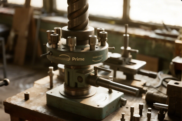 The image shows a high-precision rotary indexing fixture or dividing head used in metalworking, prominently displaying the "Prime" logo. The fixture is mounted securely on a sturdy workbench and holds a large spiral/helical cutting tool or drill bit. Several collets and handles are attached to the fixture, allowing for accurate positioning and rotation of the workpiece during machining operations. The workshop background, visible through large windows, includes additional machinery and tools, giving the scene an industrial, professional atmosphere. The focus is on advanced machining capabilities and industrial quality.