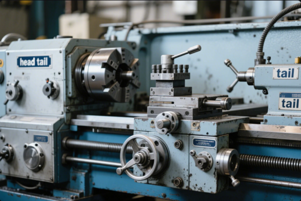 This image captures a classic blue and silver metalworking lathe, prominently displaying labeled sections "head," "tail," and "tail" on the machine body. The headstock on the left houses the rotating chuck for holding workpieces, while the tool post in the center is equipped with a cutting tool and adjustment levers for precision machining. The tailstock on the right provides additional support for long or slender workpieces. The control wheels, levers, and dials are all visible, emphasizing the machine's versatility for various turning and machining operations in a manufacturing or engineering workshop setting.