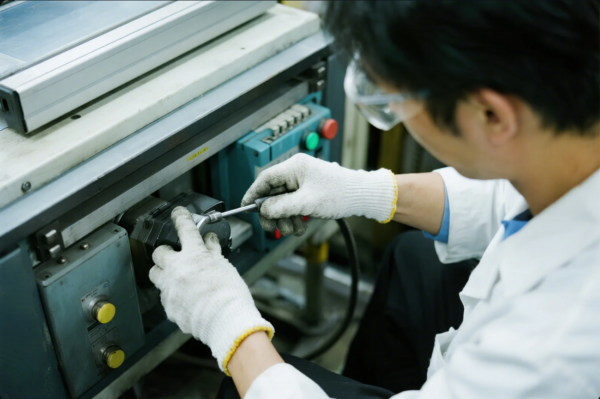 A close-up, over-the-shoulder view of a technician working in a factory or machine shop. The worker, wearing white protective gloves and a white lab coat, is using a wrench to adjust or secure a part on an industrial machine. The control panel with colored buttons and switches is visible on the machine, indicating a focus on precision and safety. The image emphasizes careful manual adjustment and the importance of PPE (personal protective equipment) in industrial environments.