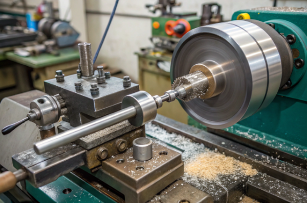 This image shows a lathe machine in operation within an industrial workshop. The machine is precisely drilling into a spinning cylindrical metal workpiece, producing a stream of fine metal shavings that accumulate on the machine bed. The setup includes a robust tool holder, adjustment handles, and various precision controls, all surrounded by a clean, organized workspace. The scene illustrates advanced metalworking processes and modern manufacturing technology.