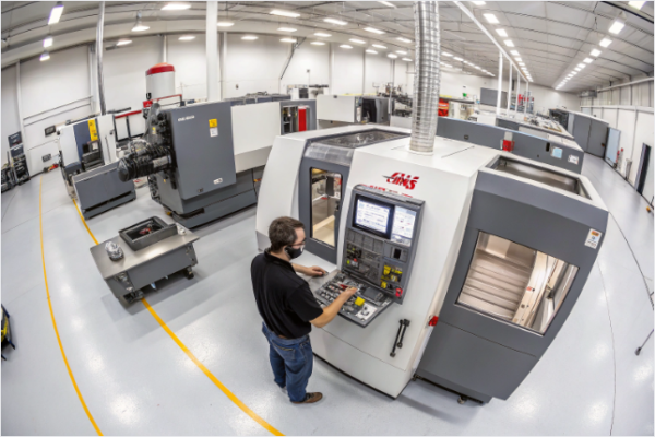 This image shows a spacious, well-lit industrial workshop filled with multiple advanced CNC (Computer Numerical Control) machines. A technician wearing a mask is standing in front of a large HAAS CNC machine, interacting with its control panel. The facility features clean, polished floors, organized workspaces, and high ceilings with extensive lighting, highlighting a focus on precision manufacturing, efficiency, and a professional production environment.