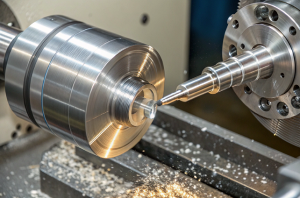 This image shows a CNC lathe machine in action, turning and machining a shiny cylindrical metal workpiece. The cutting tool is precisely boring into the end of the spinning workpiece, generating fine metal shavings that scatter on the machine bed. The polished finish and high accuracy of the operation highlight advanced manufacturing techniques used in producing precision-engineered metal parts.